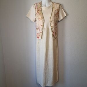 Vintage Carol Anderson 100% linen dress with floral vest. Size Medium